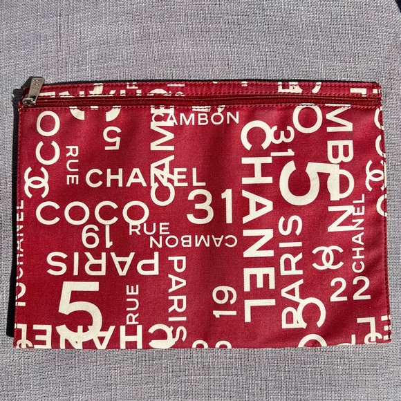 CHANEL Logo By Sea Pouch Cosmetic Case Canvas Plastic Red Made In Italy - Picture 1 of 5